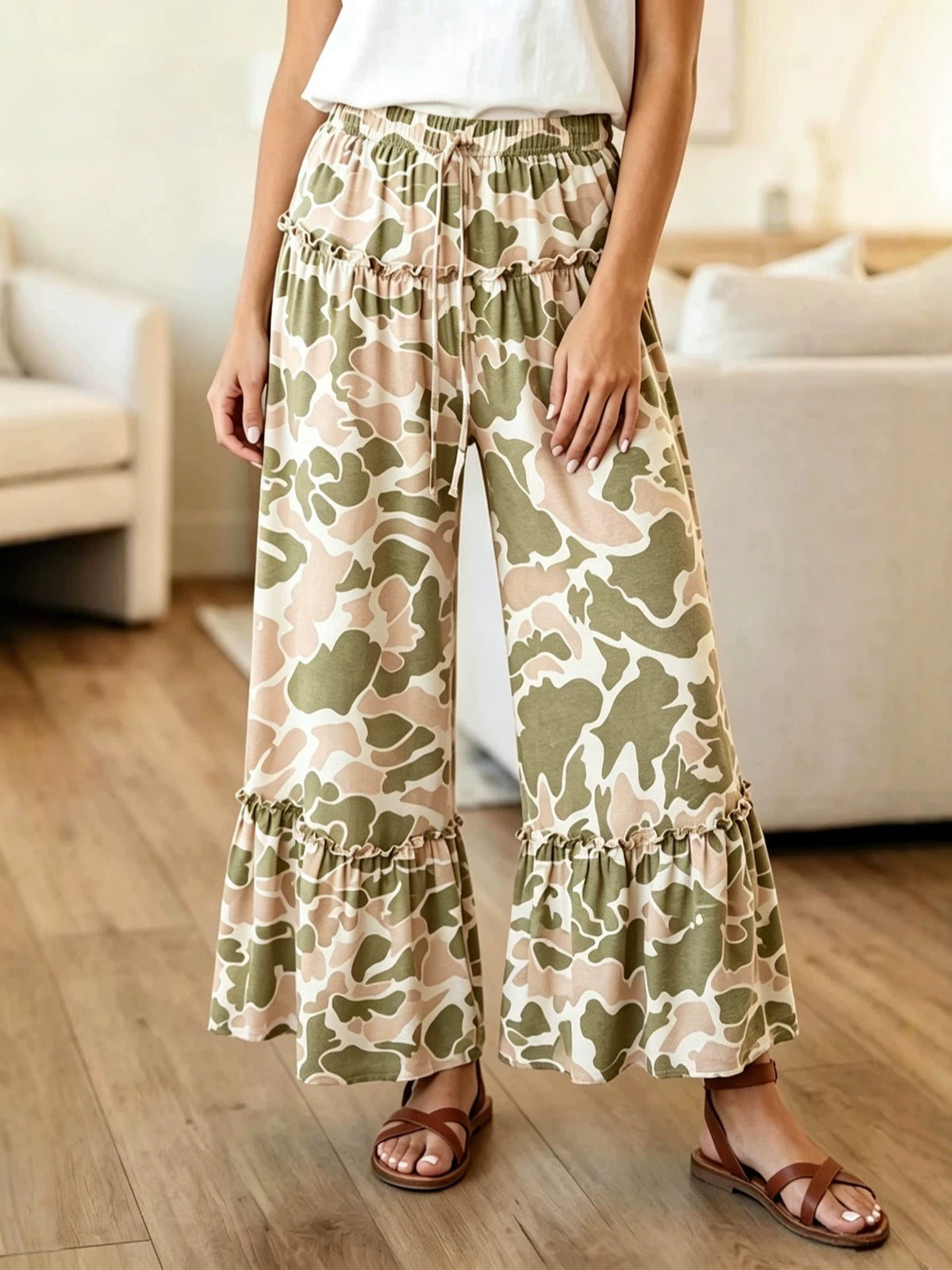 Camo Print Wide Leg Casual Pants