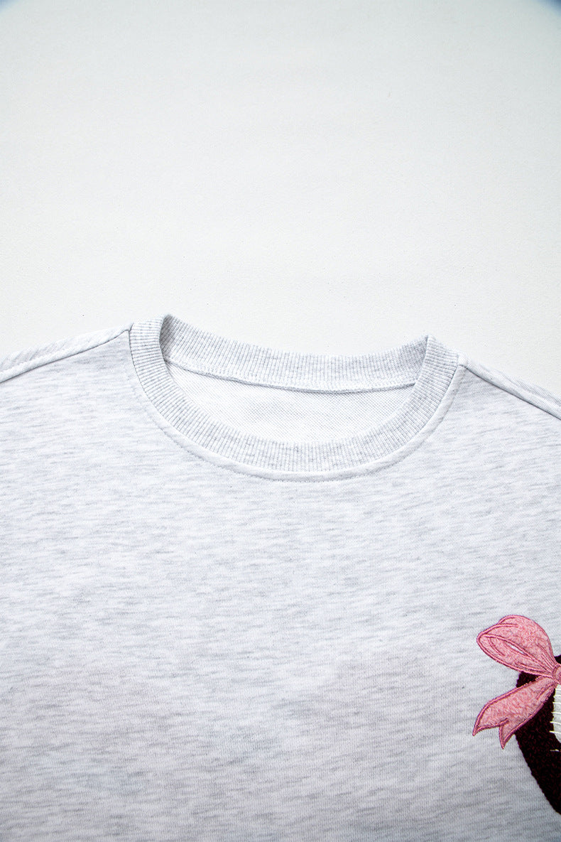 Light Grey Embroidered Football Bow Back Long Sleeve Sweatshirt