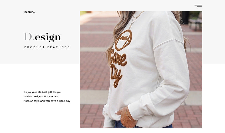 White Embroidered Slogan Game Day Rugby Pattern Crewneck Sweatshirt