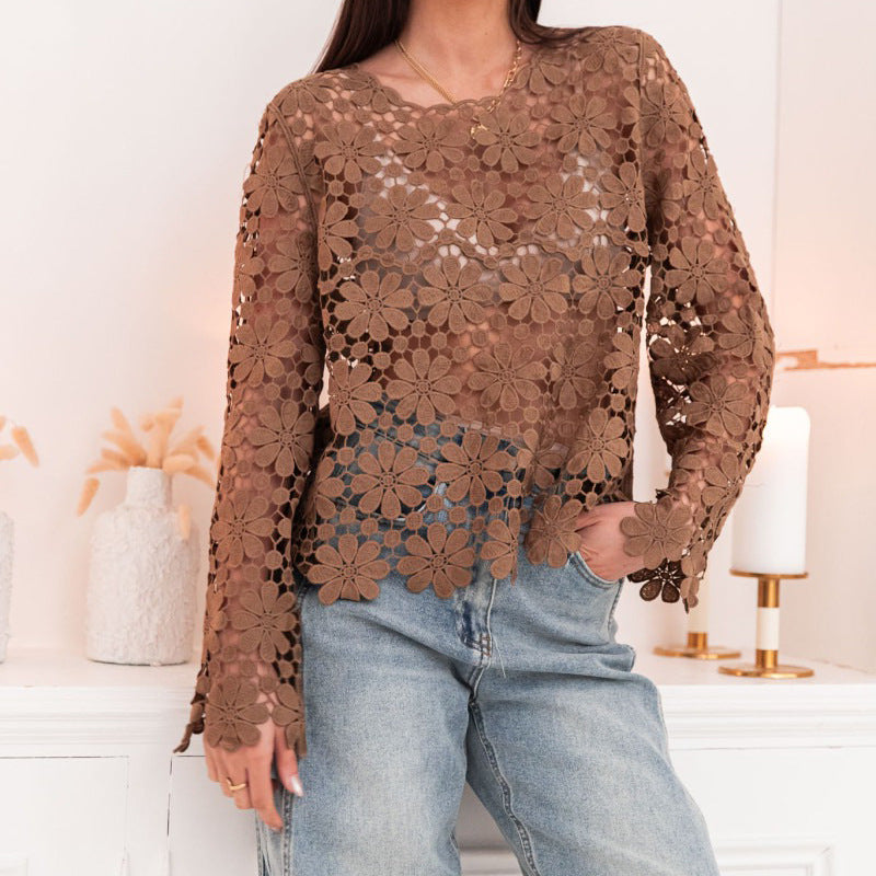 Floral Crochet Cutout Long Sleeve Blouse