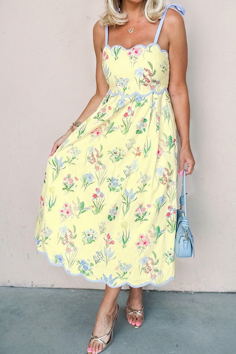 Wildflower Bloom Contrast Trim Self-tie Straps High Waist Midi Dress