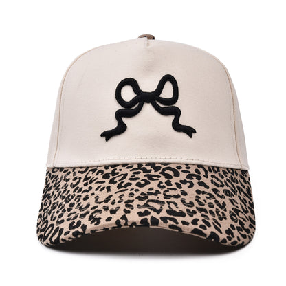 Leopard Print Canvas Hat with Embroidery Bow
