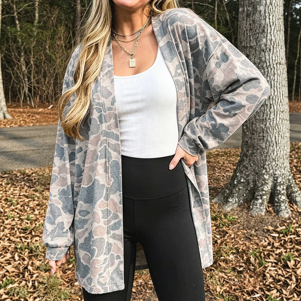 Multicolour Camouflage Print Long Sleeve Open Front Tunic Cardigan