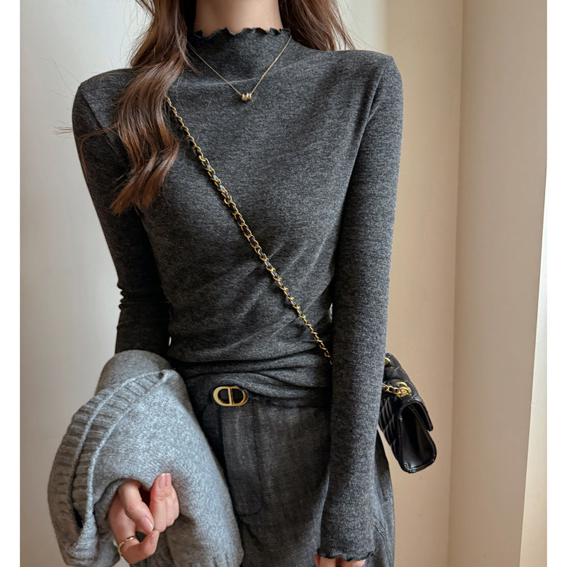 Ribbed Knit Lettuce Trim Long Sleeve Mock Neck Top