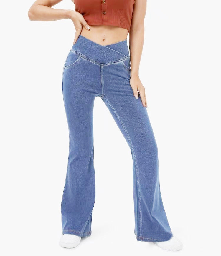 High Waisted Crossover Pocket Flare Jeans