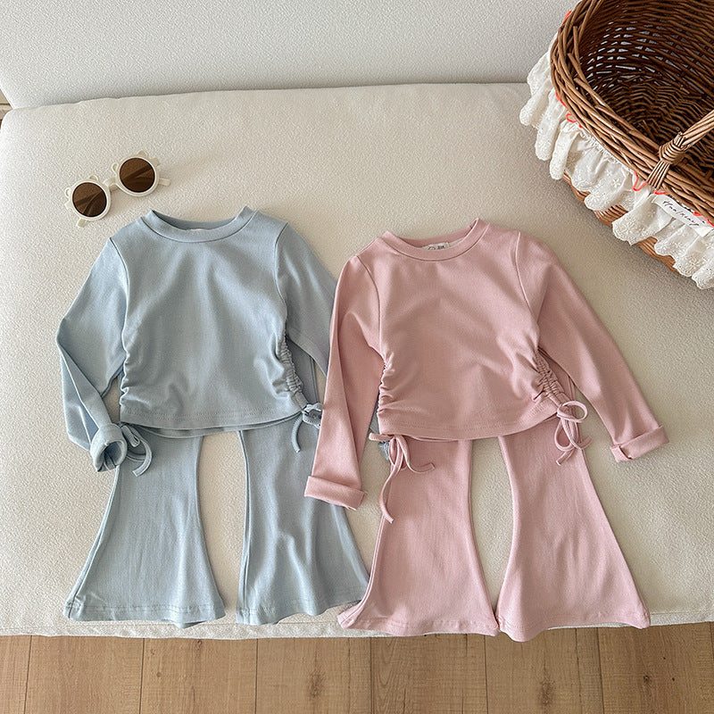 Girls' slim-fit solid color top and flared pants suit