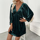 Women's Lantern Sleeves Pleated Deep V Neck Velvet Dress