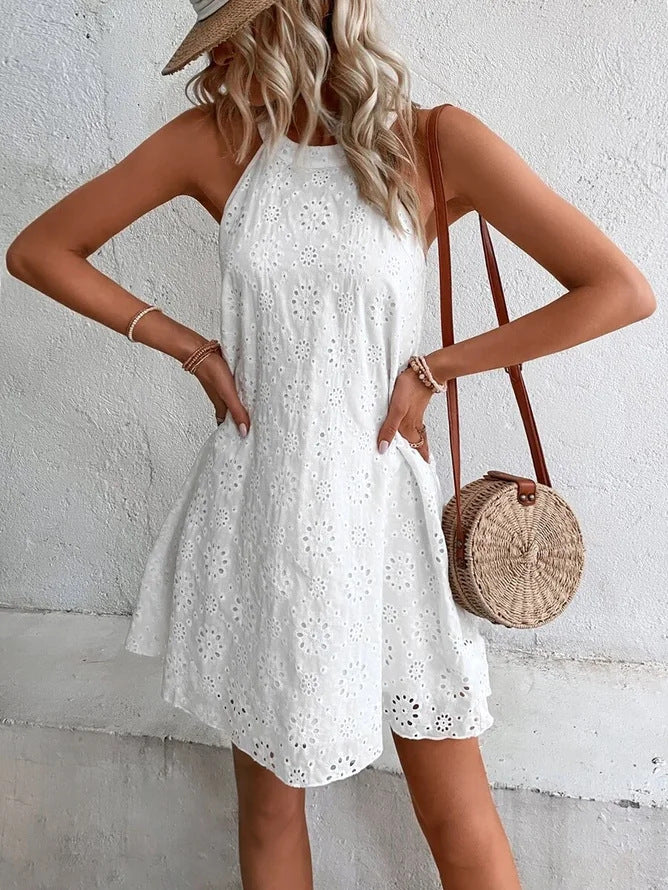 Boho Eyelet Pattern Halter Neck Sleeveless Dress