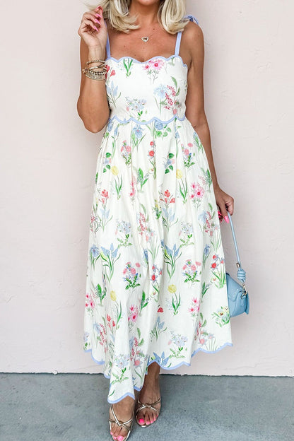 Wildflower Bloom Contrast Trim Self-tie Straps High Waist Midi Dress