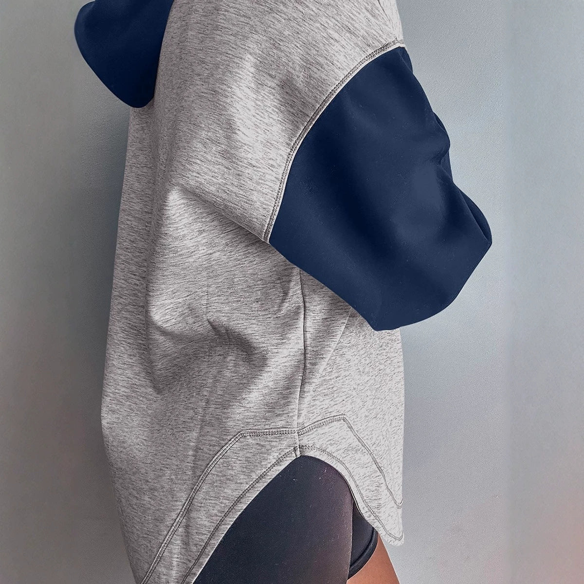 Light Grey Color Block Patchwork V Neck Drawstring Hoodie