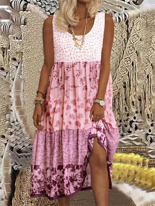 Printed Crew Neck Sleeveless Dress