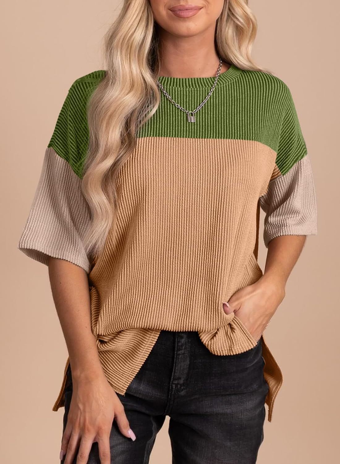 Ribbed Crew Neck Colorblock Top