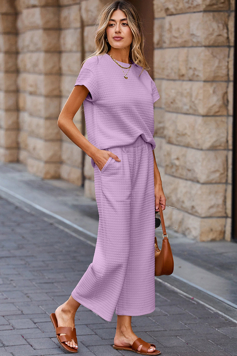 Textured Top and Wide-leg Pants Set