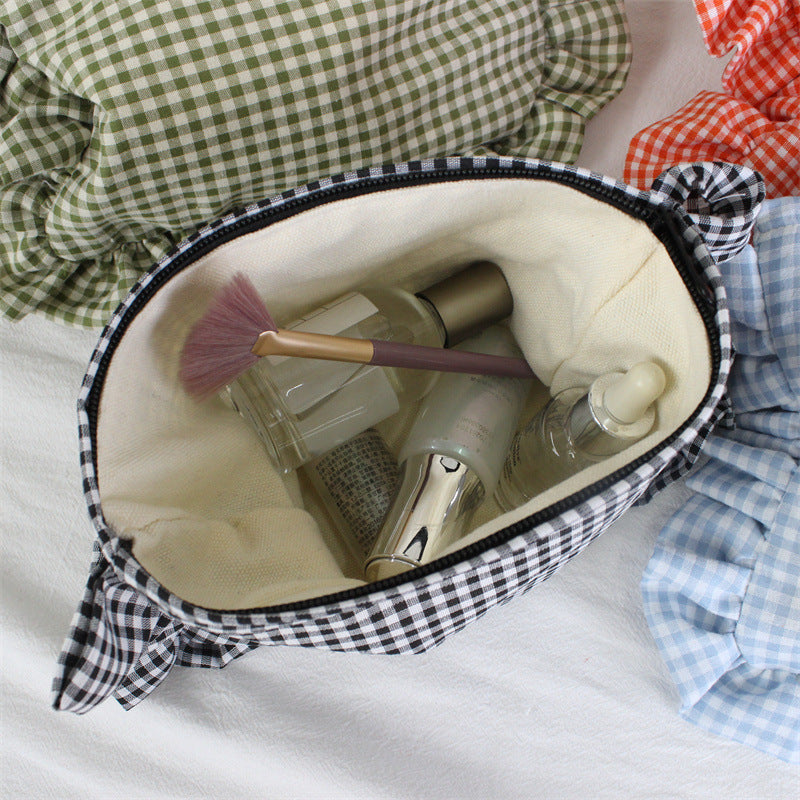 Customizable Text Floral & Plaid Zippered Makeup Bag