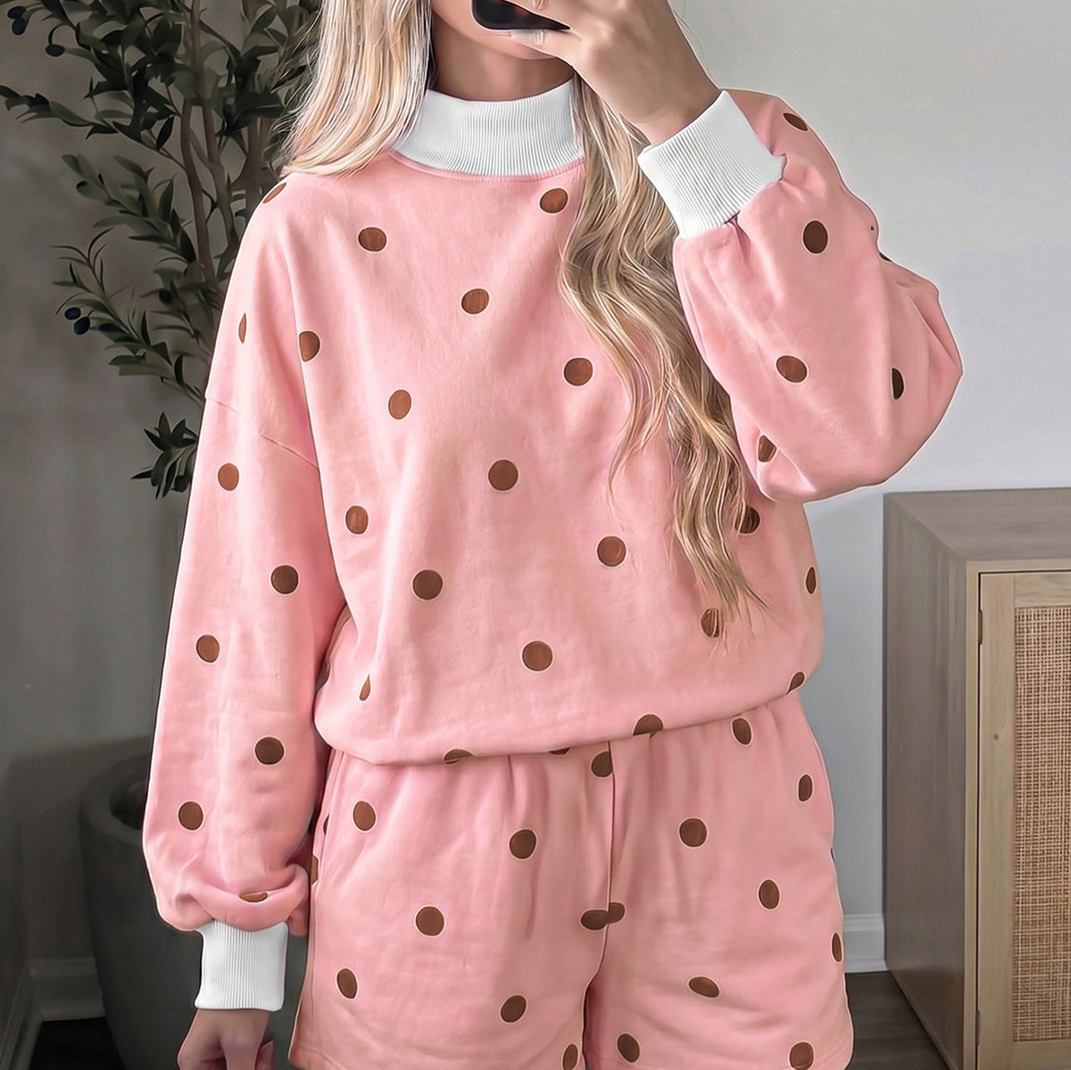 Pink Polka Dot Ribbed Trim Long Sleeve Top Casual Short Set