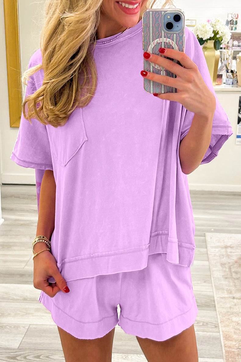 Orchid Bouquet Raw Edge Patch Pocket Oversized Top and Shorts Set