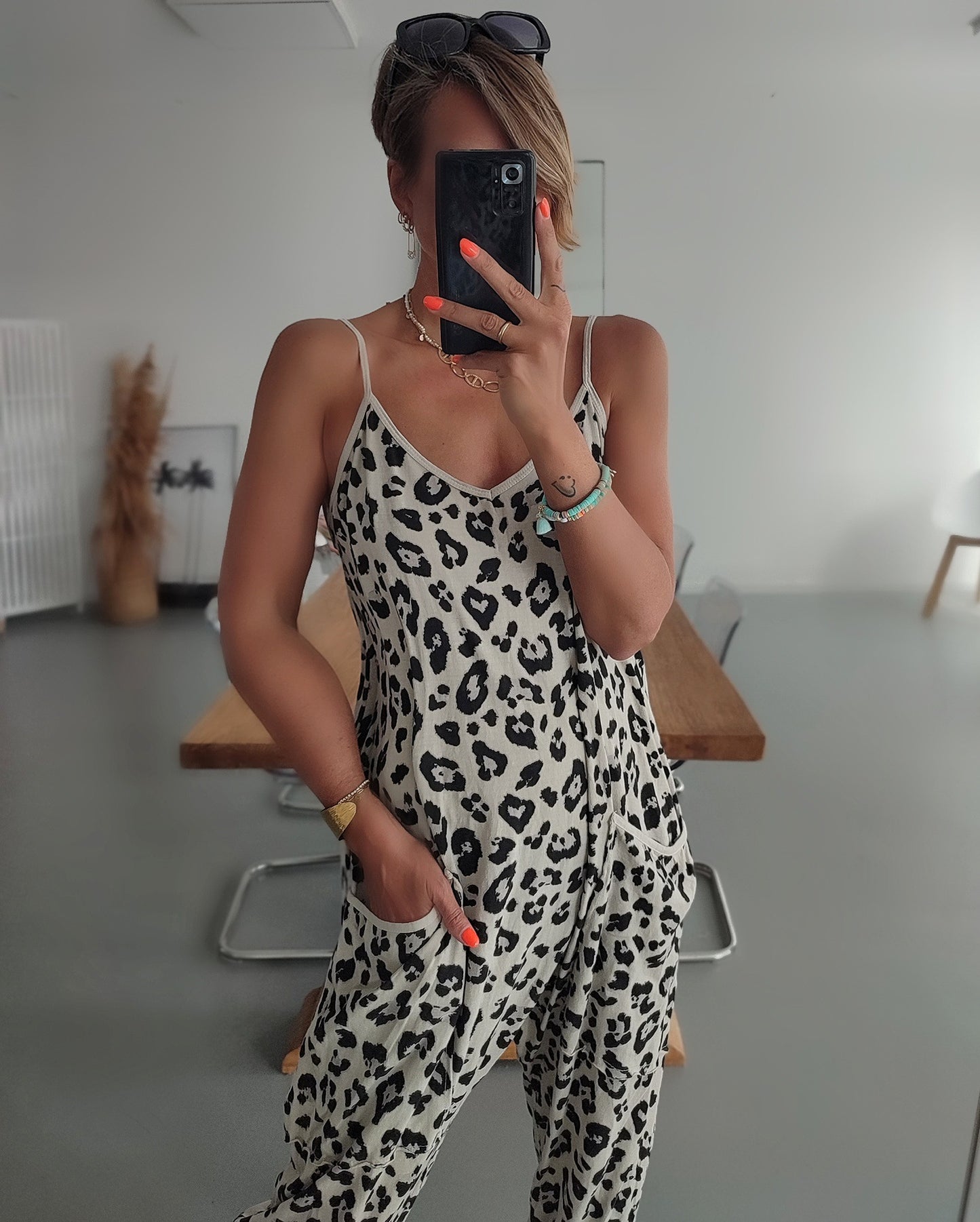 Leopard Print Loose Suspenders Jumpsuit