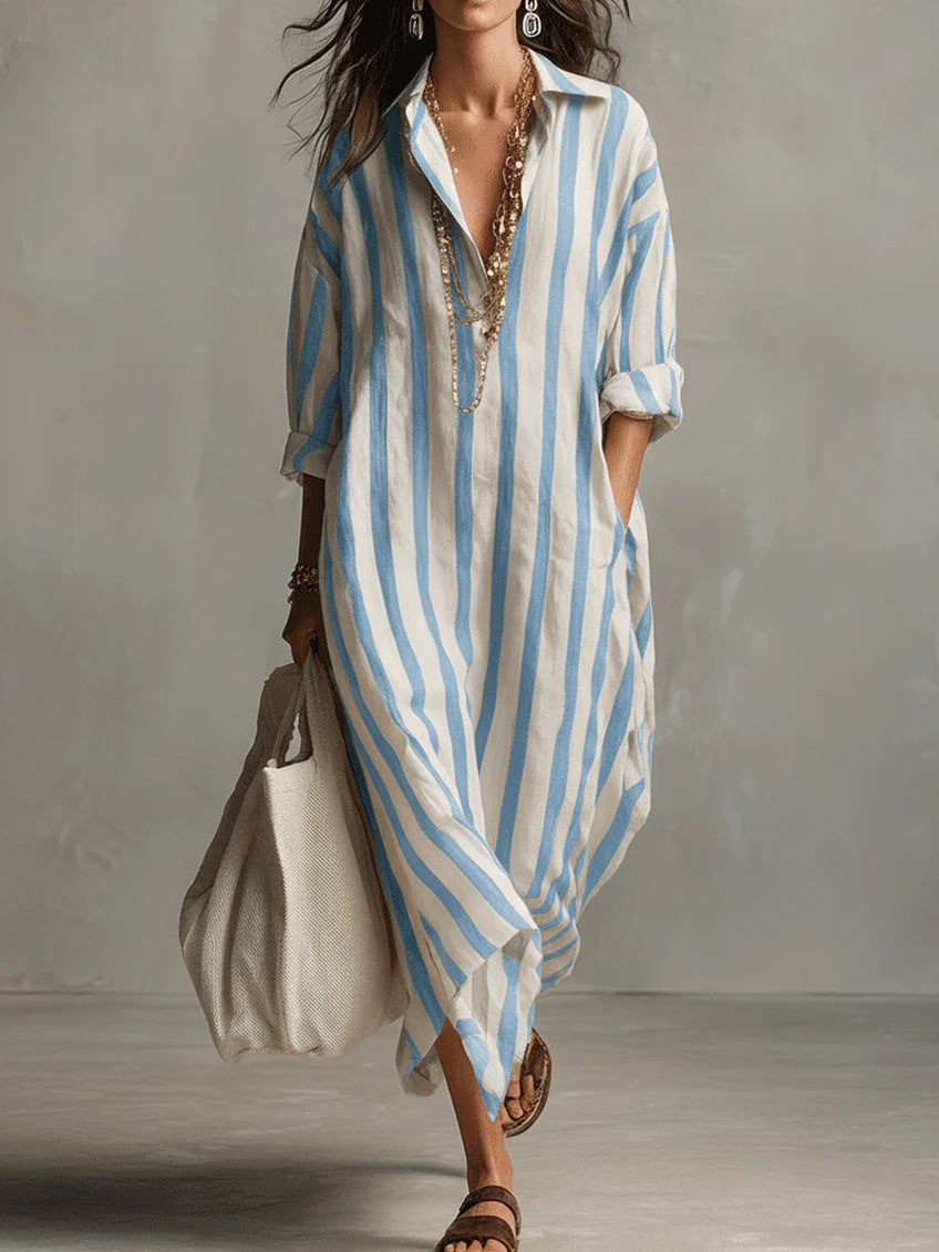 Stylish Long Striped Cardigan-Style Dress for Women