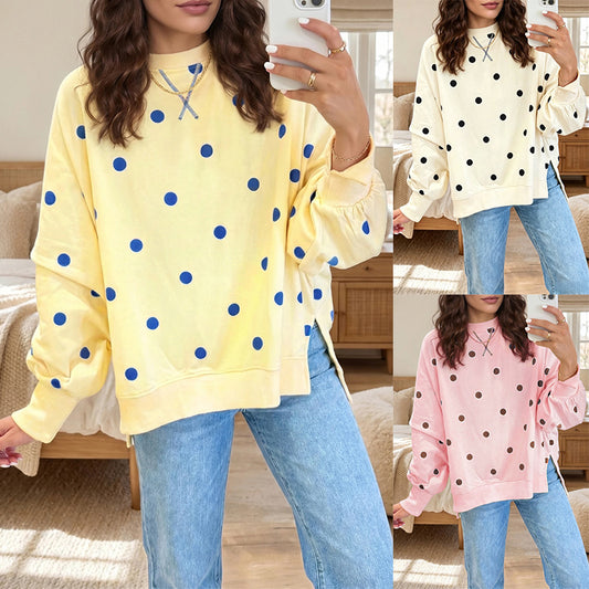 Oversized Color-Block Polka-Dot Print Pullover Sweatshirt