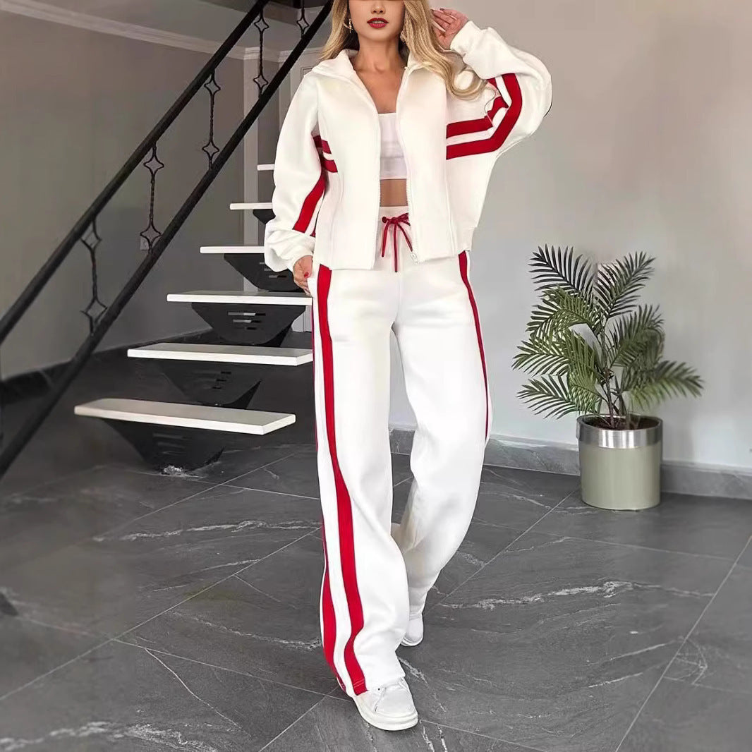 Striped Zipper Top Jacket Casual Sports Suit Women