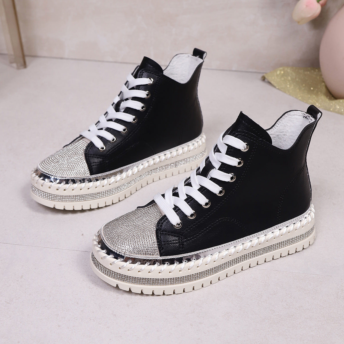 Stitch Rhinestone Lace-Up Shoes