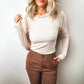 Beige Solid Color Round Neck Frill Detail Long Sleeve Top