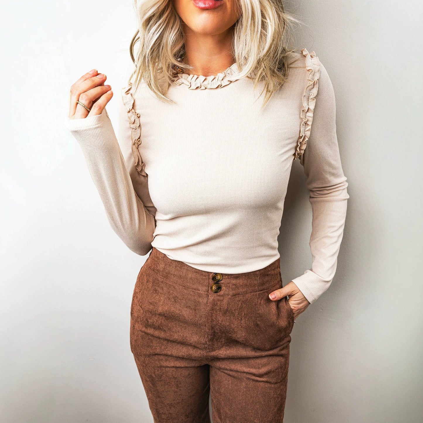 Beige Solid Color Round Neck Frill Detail Long Sleeve Top