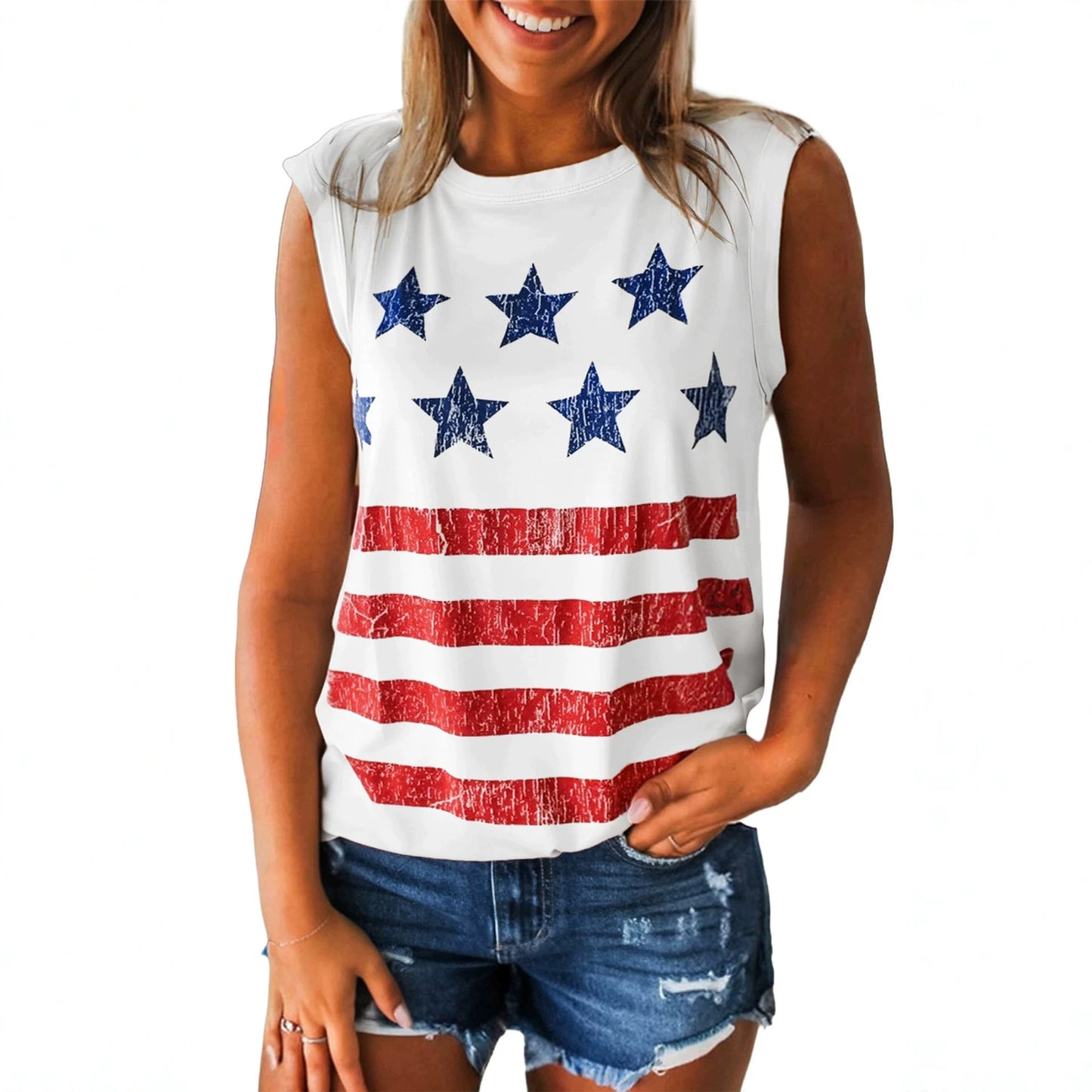 Vintage Stars and Stripes Printed Casual Tank Top