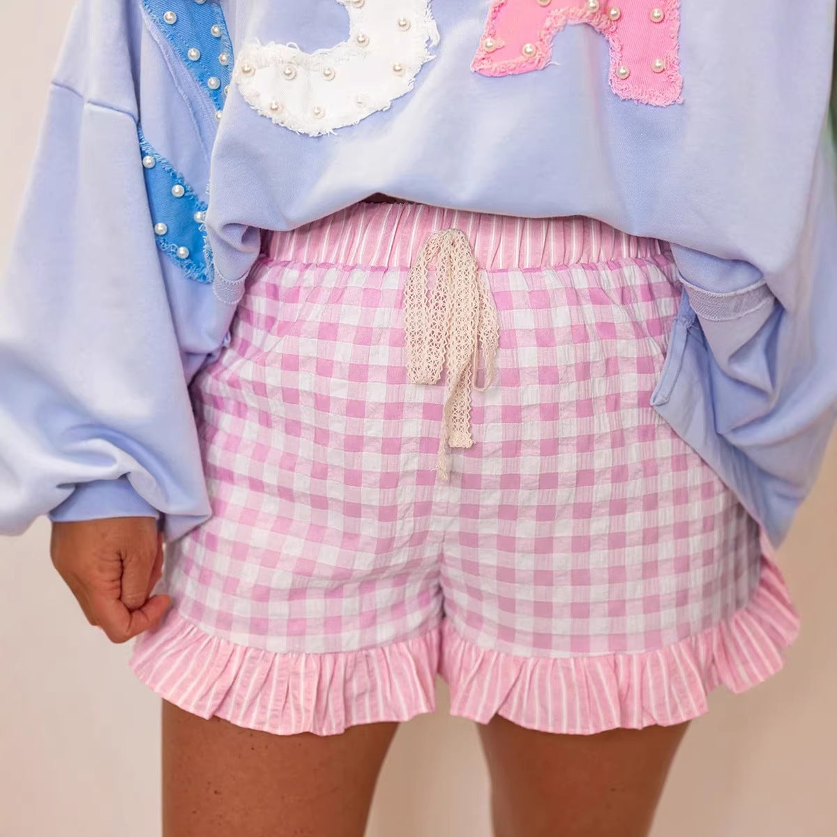 Gingham Print Ruffle Striped Detail Lace Tie Shorts