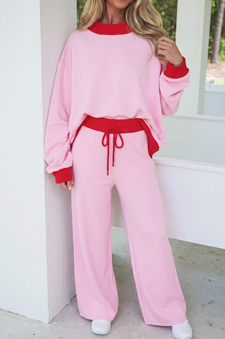 Block Trim Long Sleeve Pullover Drawstring Shift Pants Set