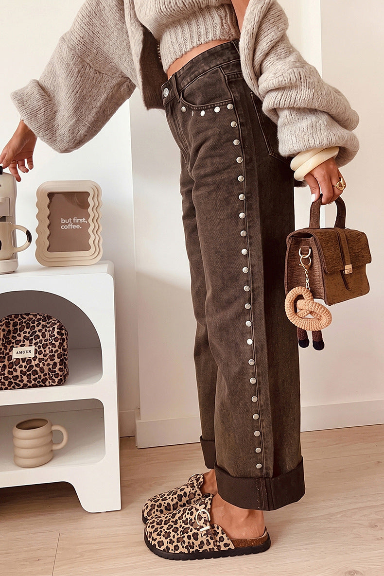 Studded Detail Straight Leg Casual Loose Jeans