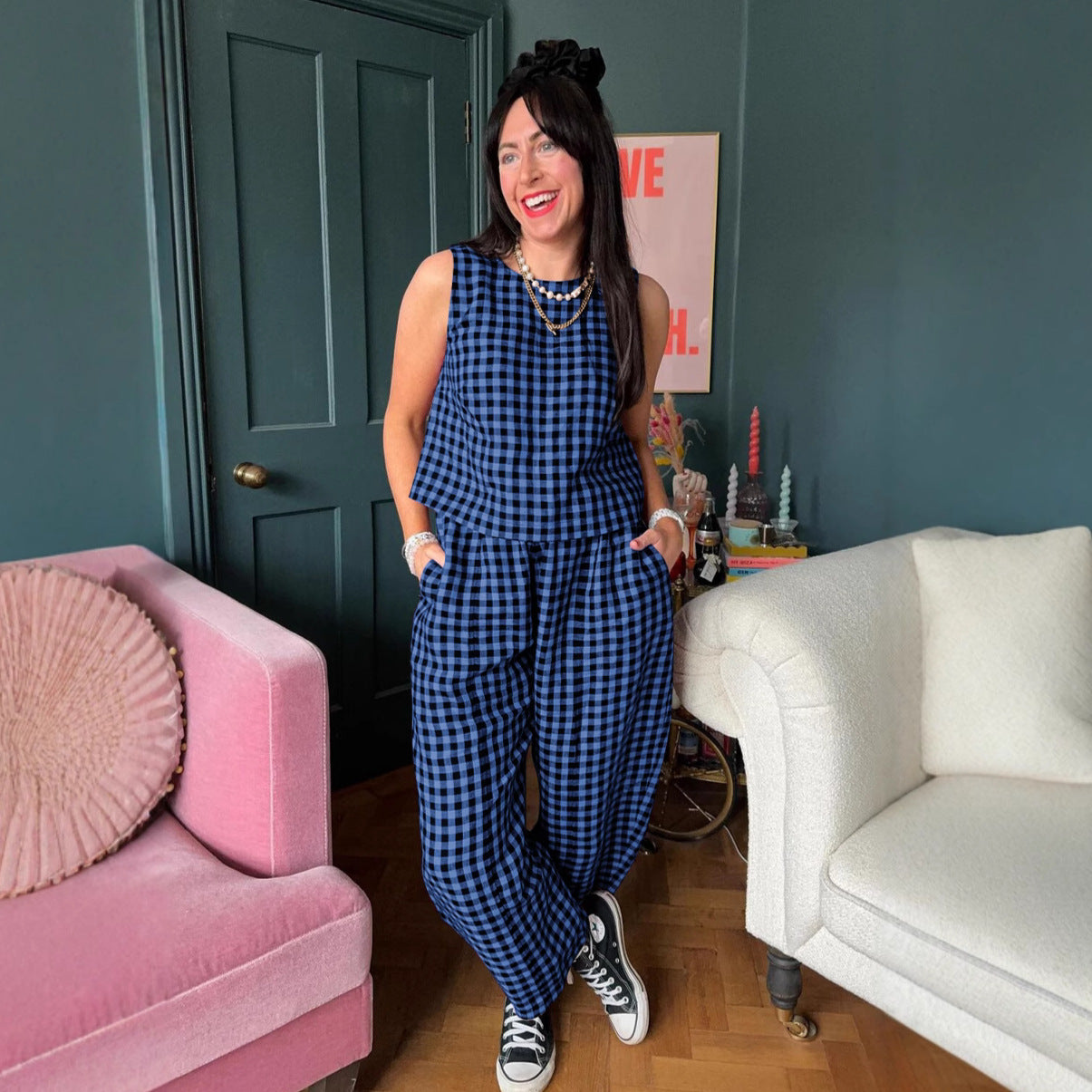 Women's Printed Plaid Sleeveless Vest and Trousers Suit