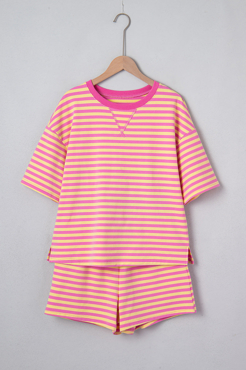 Stripe Drop Shoulder Boxy Casual Terry Short Set