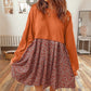 Orange Solid Long Sleeve Top Patchwork Floral Flared 2-in-1 Mini Dress