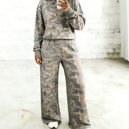 Multicolour Camouflage Print Long Sleeve Top Loose 2pcs Pants Set