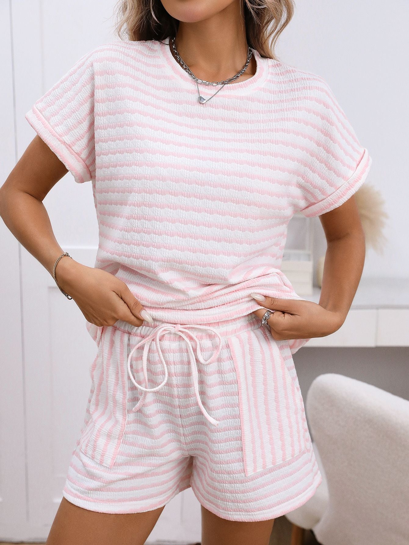 Stripe Knitted Short Sleeve Top and Drawstring Shorts Set