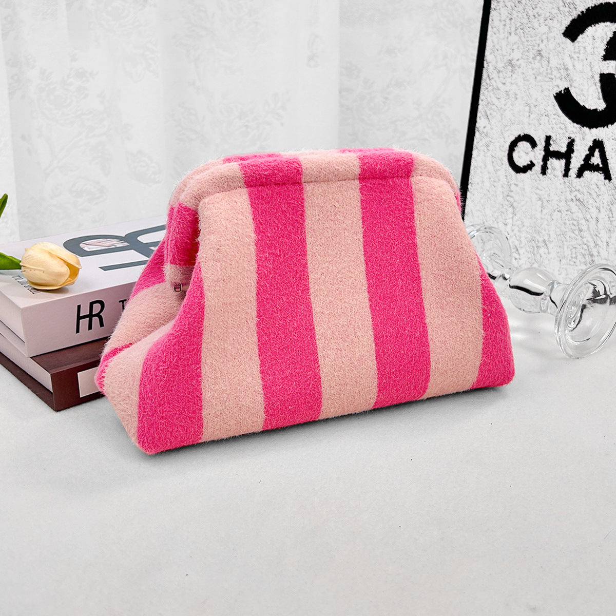 Striped Plush Kiss Lock Clutch Bag