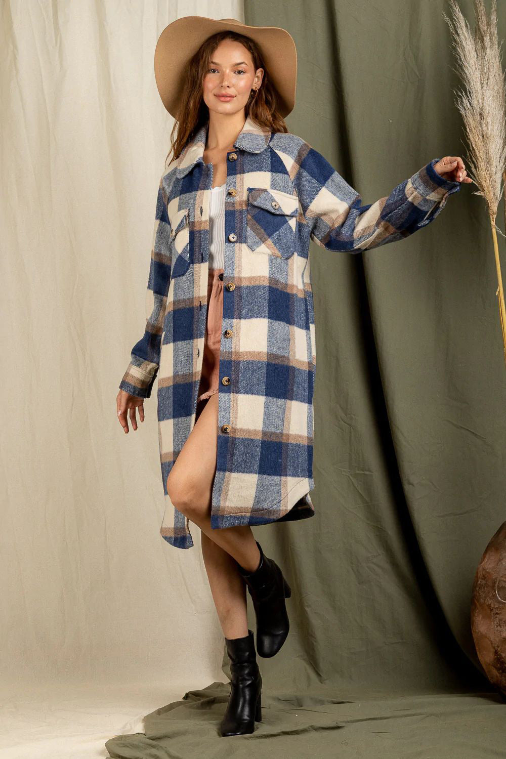 Checkered Lapel Pocket Long Coat