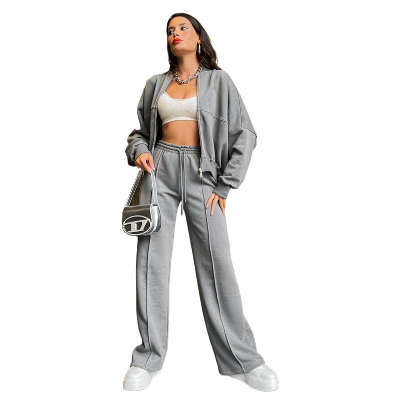 Women's Zippered Cardigan Sweatshirt and Straight Pants Suit