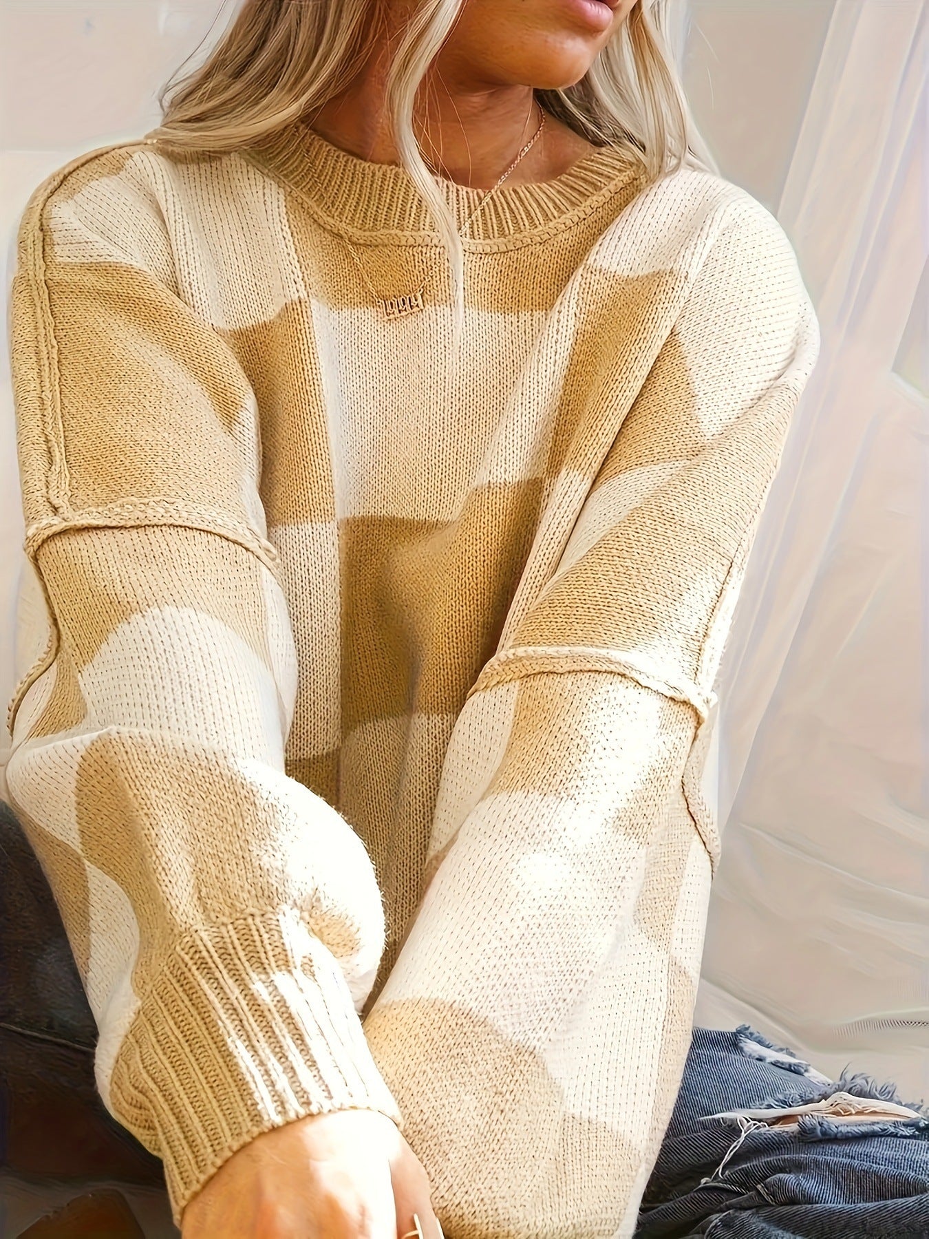 Women's Plus-Size Loose-Fit Color-Block Long-Sleeve Crew-Neck Knit Sweater