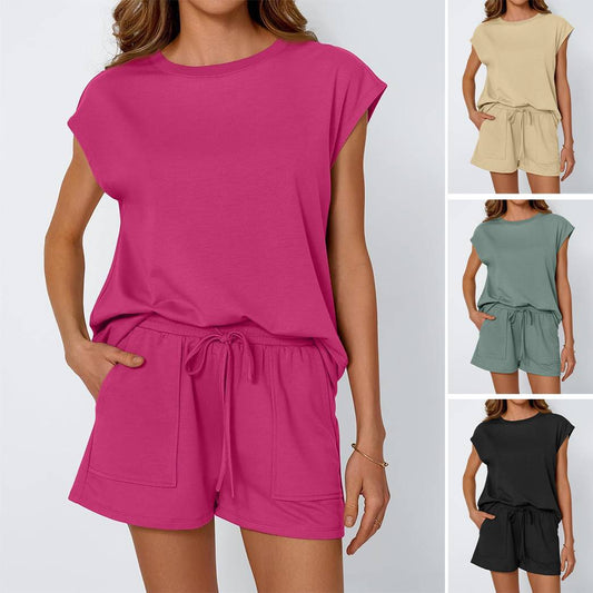 Short Sleeve Lounge Top and Shorts Set with Relaxed Fit