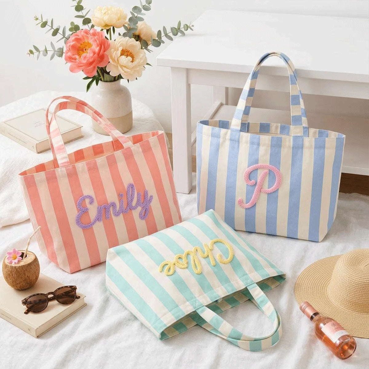Custom Striped Tote Bag – Hand-Embroidered