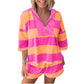Stripe Half Zipper Placket Bracelet Sleeve Top Casual Shorts Set