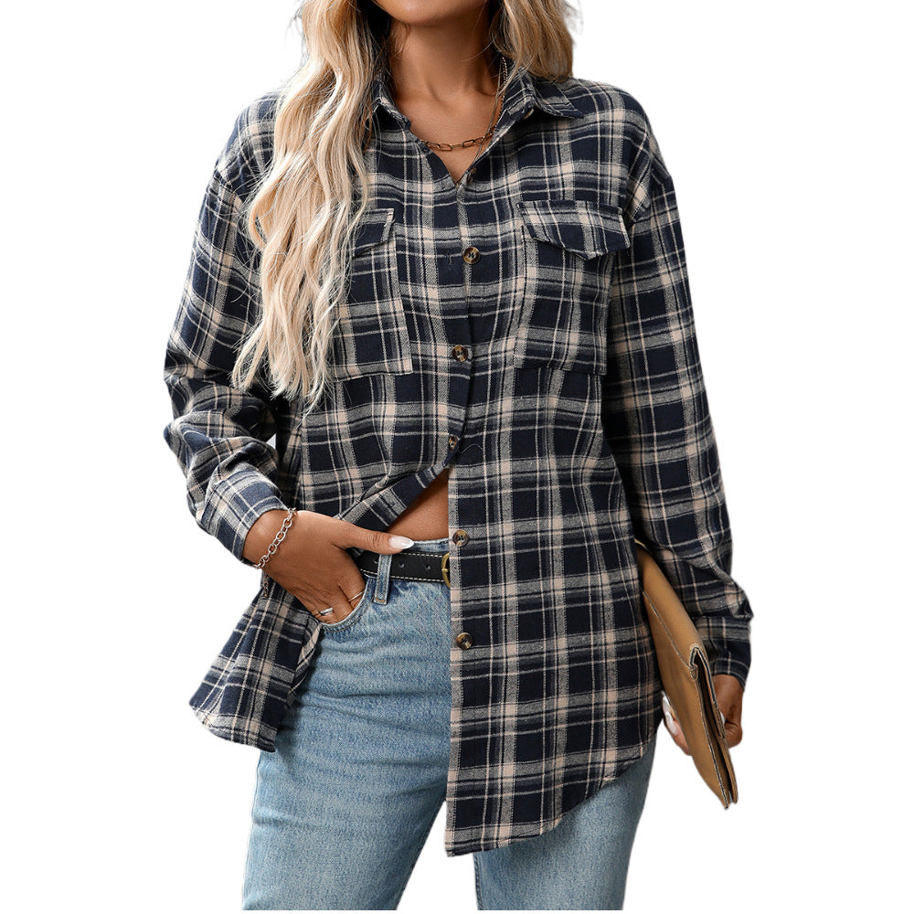 Loose Plaid Pocket Shirt for Women