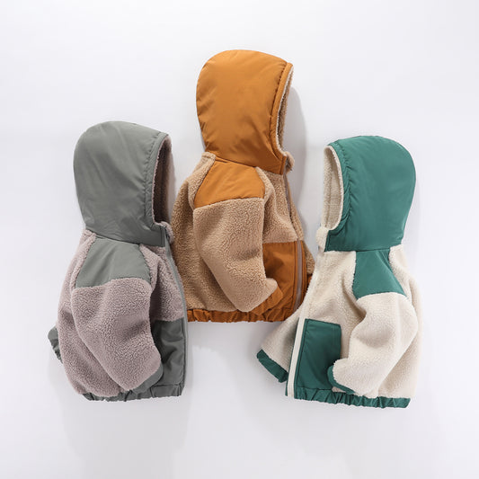 Children's cotton-padded embroidered hooded color-blocked jacket