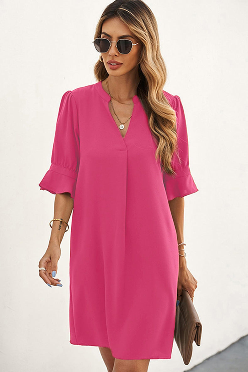 Notched Neck Flounce Sleeve Tunic Dress