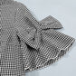 Black Plaid Bow Ruffled Half Sleeve Round Neck Blouse