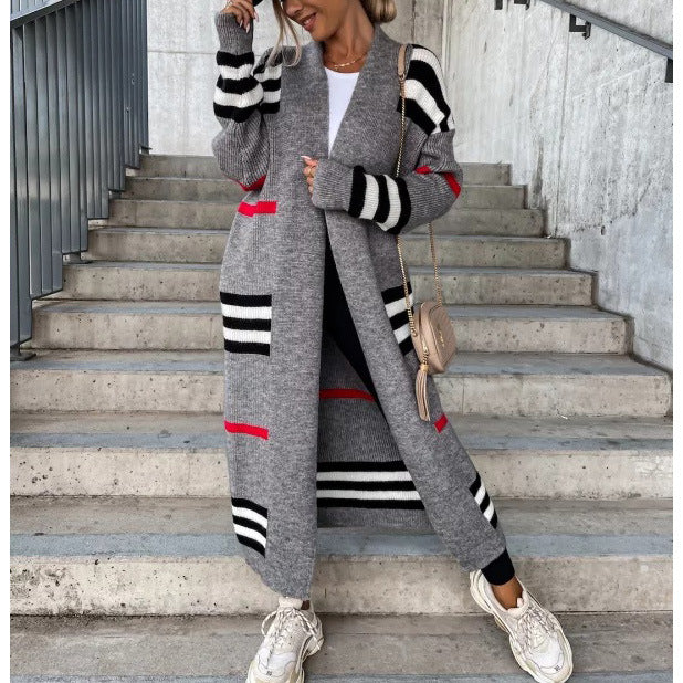 Striped Open Front Longline Sweater Cardigan