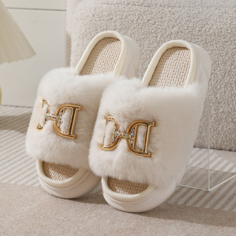 Double D Detail Faux Fur Winter Comfort Slippers