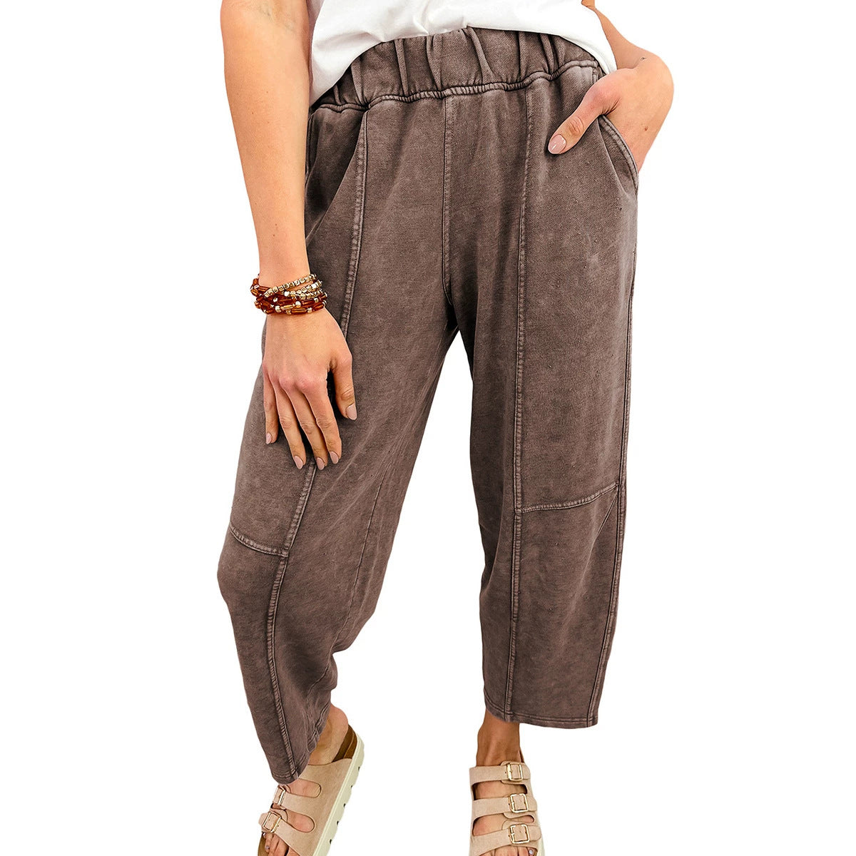 Coffee Mineral Wash Seam Detail Elastic Waist Barrel Pants